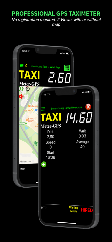 Taximeter-GPS - Interface da aplicação de taxímetro GPS profissional mostrando visualizações de tarifa e mapa em dois smartphones