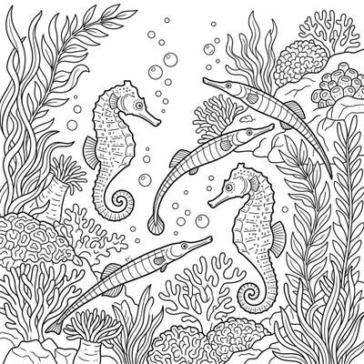Explore the depths with this delightful coloring page featuring graceful seahorses and sleek pipefish. Perfect for young artists, this underwater scene offers engaging details for hours of creative fun.