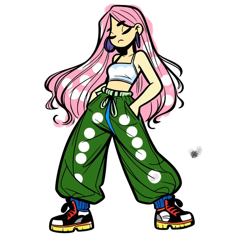 girl in baggy pants crop top and long hair