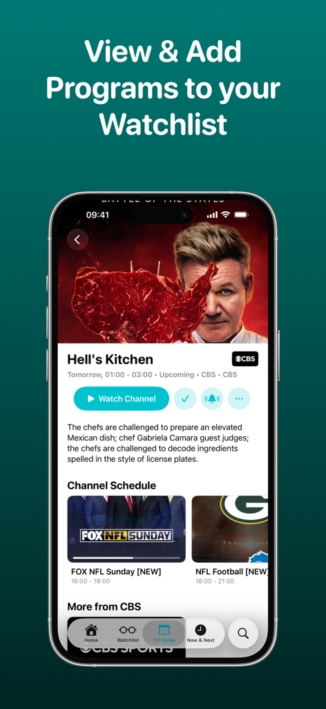TV Launcher - Live US Channels - Smartphone showing program details and watchlist options in the TV Launcher app.