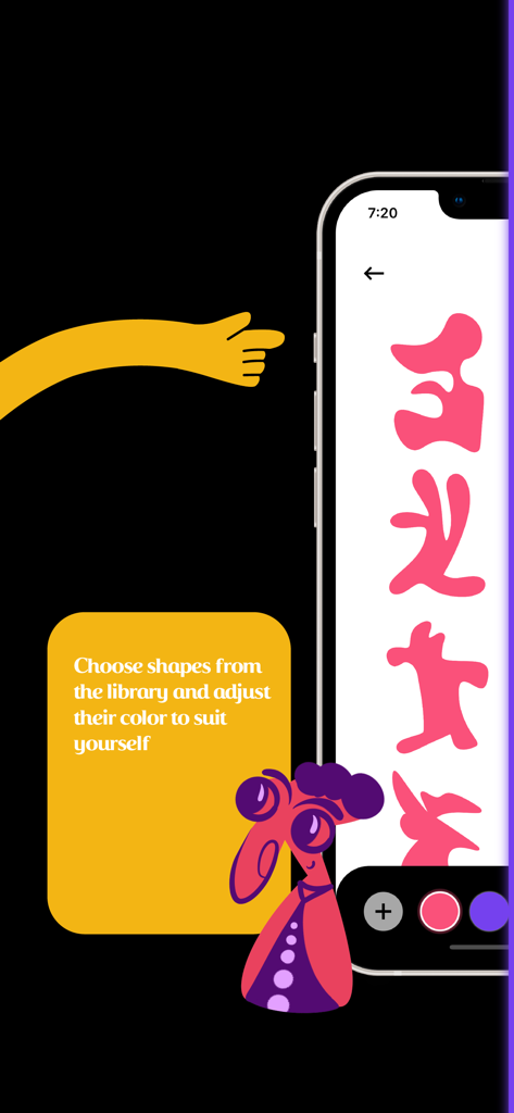 Doodle: Color, Draw & Sketch - Interface of the Doodle app showing pink abstract shapes and a prompt to choose shapes and adjust colors.