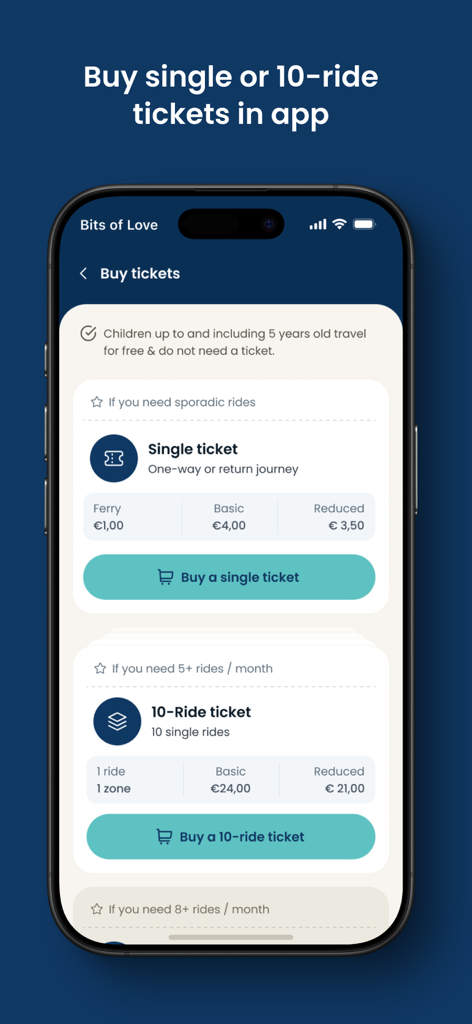 DeWaterbus - DeWaterbusアプリのシングルチケットおよび10回券購入画面