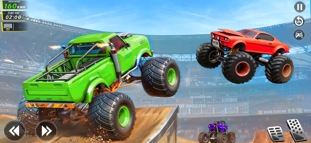 Action gameplay showing green and red monster trucks jumping and performing stunts in a stadium arena.