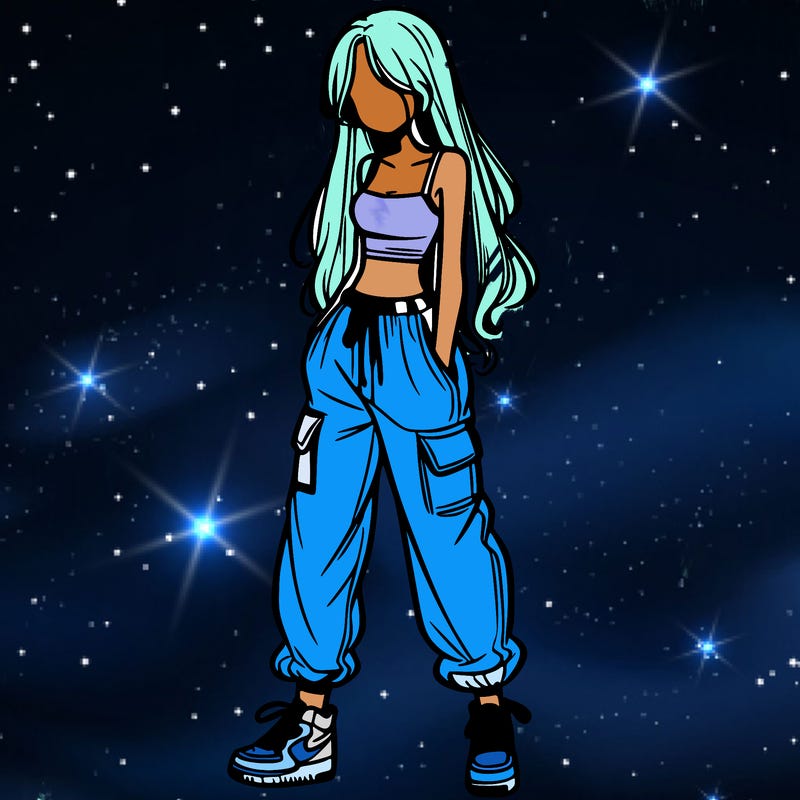 girl in baggy pants crop top and long hair