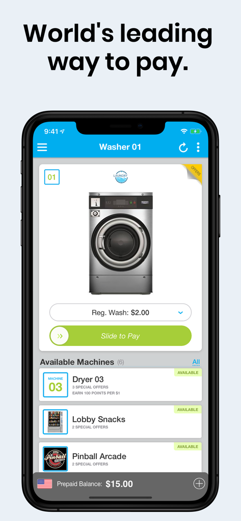 PayRange - PayRange mobile App-Oberfläche auf einem Smartphone, die einen Bildschirm zur Bezahlung von Waschmaschinen mit einer Wisch-zu-bezahlen-Schaltfläche und einer Liste verfügbarer Maschinen anzeigt
