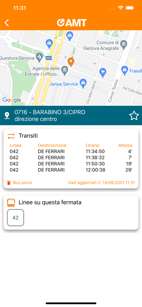 AMT Genova app interface showing real-time bus arrival times and a map with the stop location