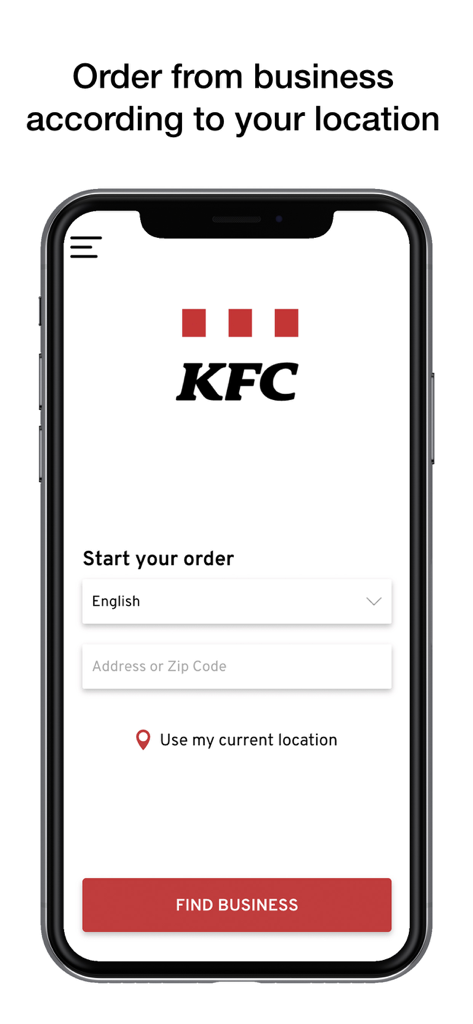 KFC Kosova - KFC Kosovaアプリの注文開始画面。場所検索とビジネス検索ボタンがあります。