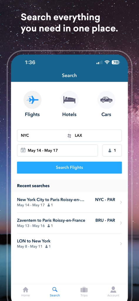 Skiplagged - Travel Hacks - 스키플래그드 모바일 앱 검색 인터페이스는 최근 검색이 표시된 항공권, 호텔, 렌터카를 검색합니다.