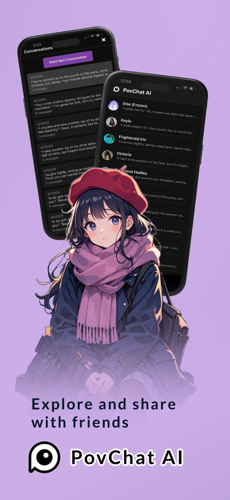 PovChat: AI characters to chat - PovChat AI app interface showing chat conversations and an anime style character