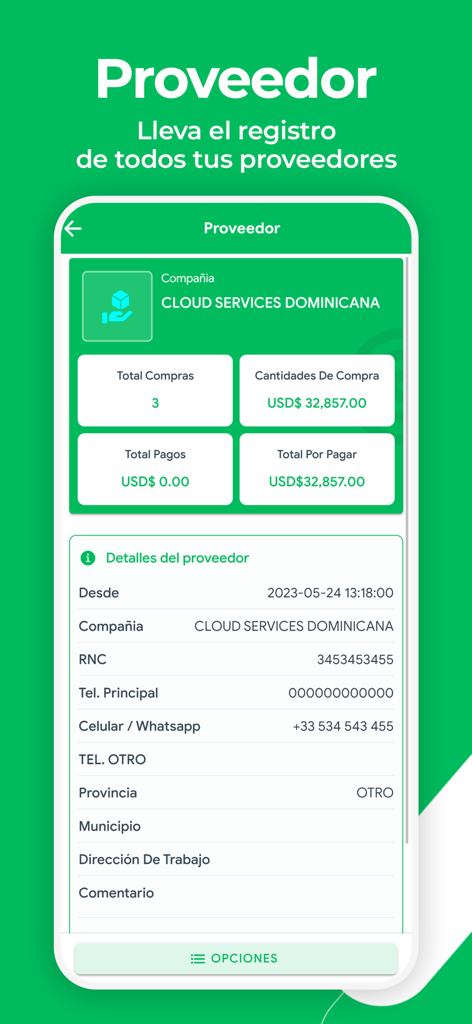 Ventas CLOUD - Una pantalla detallada de perfil de proveedor en la aplicación Ventas CLOUD que muestra el historial de compras, el monto total adeudado y la información de contacto de los proveedores comerciales.