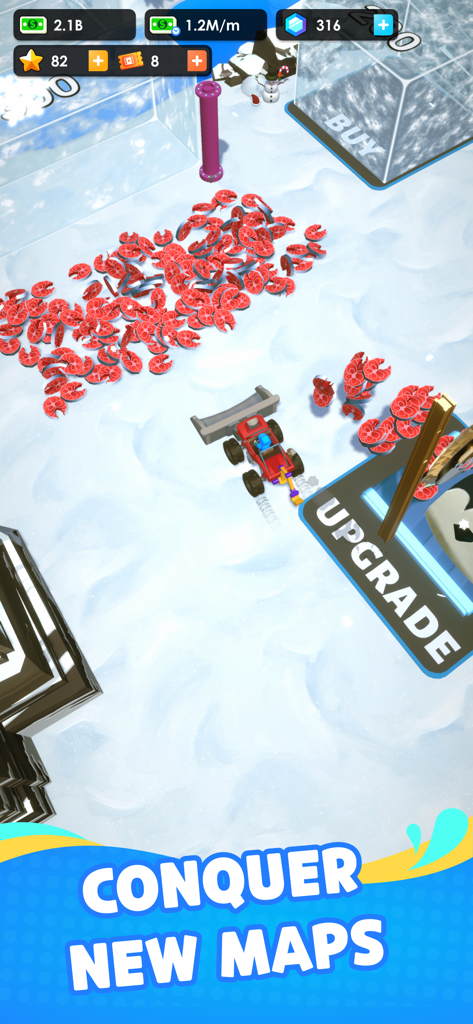 Seafood Inc - Un veicolo rosso raccoglie filetti di salmone su una mappa innevata nel gioco tycoon inattivo Seafood Inc.