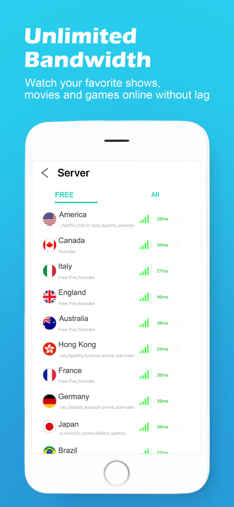 Écran de l'application VPN Sécurisé affichant une liste de serveurs mondiaux gratuits et les vitesses de connexion pour le streaming