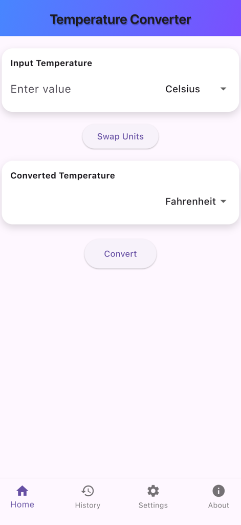 섭씨를 화씨로 변환하는 TempMate 앱의 메인 사용자 인터페이스