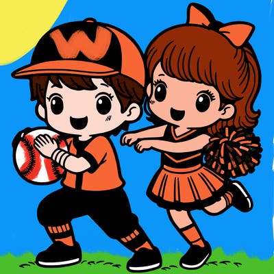 baseball boy with brunette cheerleader