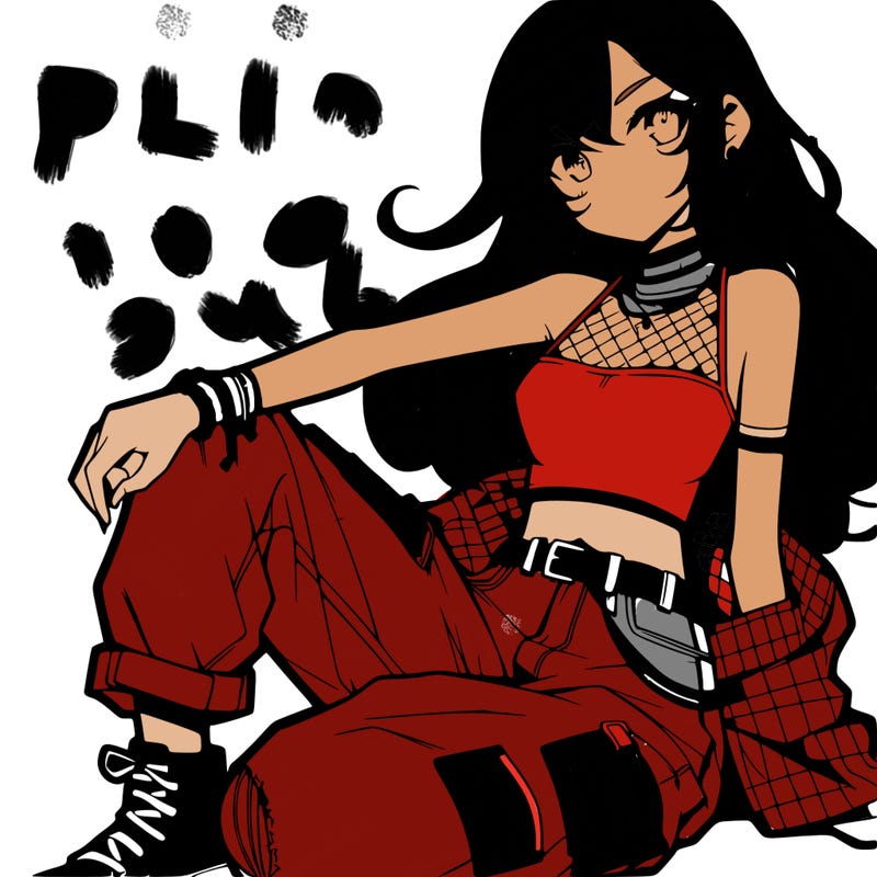 anime girl with a crop top and ripped jeans