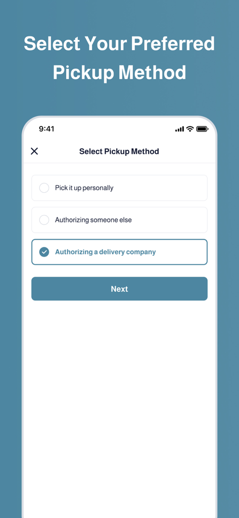 Mazad By Motory - Car Auctions - Ein mobiler App-Bildschirm zur Auswahl einer Fahrzeugabholmethode mit Optionen für die persönliche Abholung, die Beauftragung einer anderen Person oder ein Lieferunternehmen.