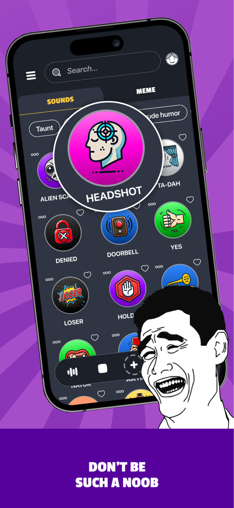 Sounds Effects by Whatsticker - Uma interface móvel para um aplicativo soundboard de memes apresentando botões como Headshot, Denied e Loser com uma clássica cara de meme rindo.