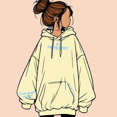 realistic girl with a oversized sweatshirt on and a bun