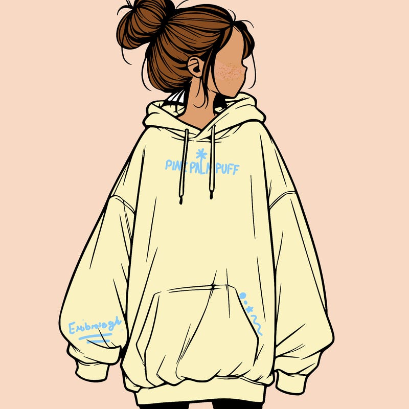 realistic girl with a oversized sweatshirt on and a bun