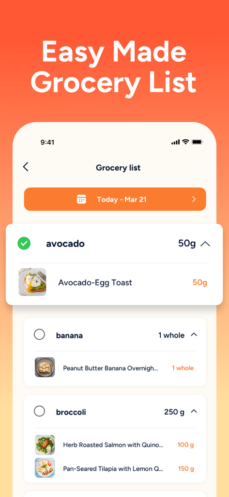 Eato®: Calorie Counter - Eato app interface showing an automated grocery list with ingredients like avocado and broccoli linked to healthy recipes