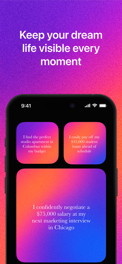 shimmer: daily affirmations - Smartphone screen displaying Shimmer app widgets with realistic affirmations for career, finances, and housing goals.