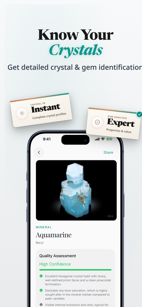 Rock Identifier: Gem & Crystal - Smartphone interface of Rock Identifier app identifying an Aquamarine crystal with high confidence and detailed geological properties