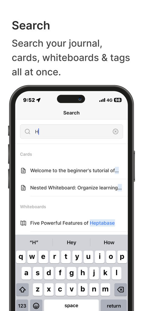 Heptabase search interface showing results for cards and whiteboards.