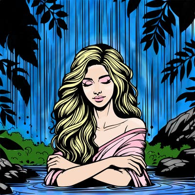 realistic female model under waterfall