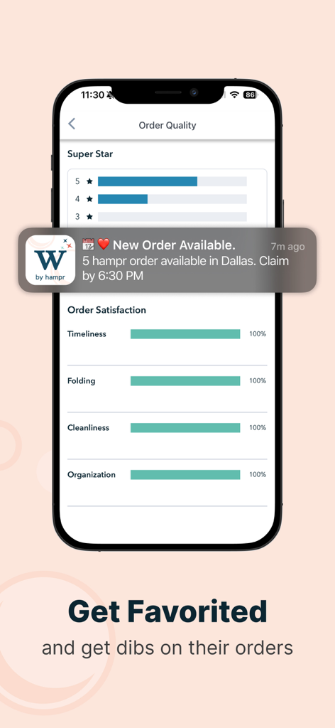 Washr app screen displaying high order satisfaction ratings and a new laundry order notification.