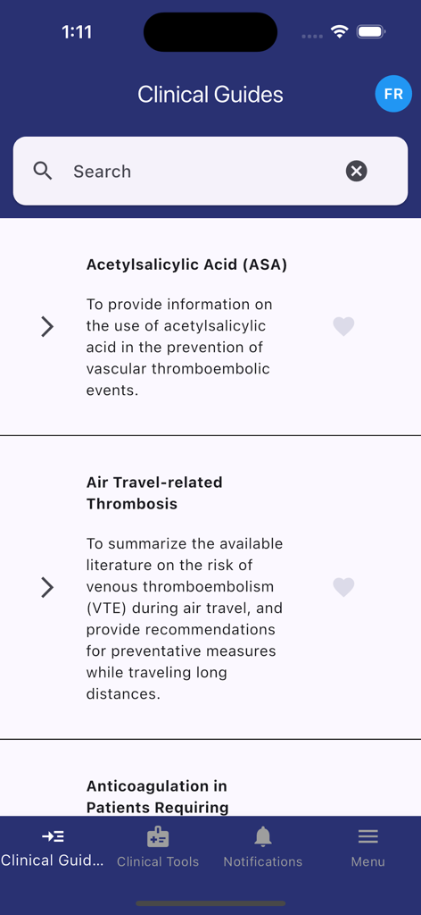 Oberfläche der Thrombose-App mit klinischen Leitfäden, einer Suchleiste und medizinischen Leitlinien für Ärzte