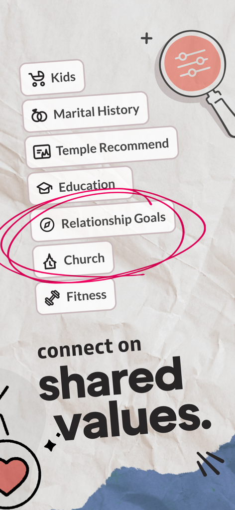 A screenshot of the Mutual LDS dating app showing filters for shared values including Relationship Goals and Church