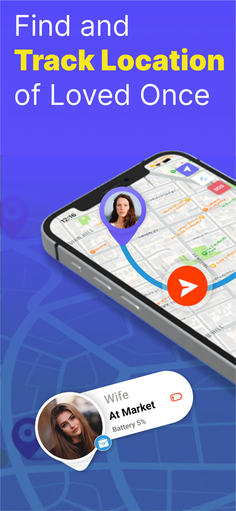 Phone screen showing family members location on a map with status updates