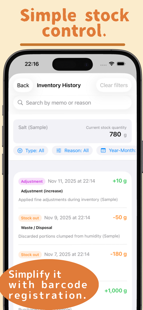 Food Cost Calculator – Recipe - A smartphone screen displaying inventory history and stock level adjustments for food ingredients.