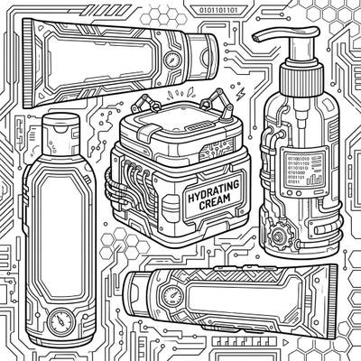 Step into a futuristic world where skincare meets technology with this unique cyberpunk coloring page. Embellished with intricate details and high-tech elements, these moisturizer illustrations offer an exciting coloring challenge.