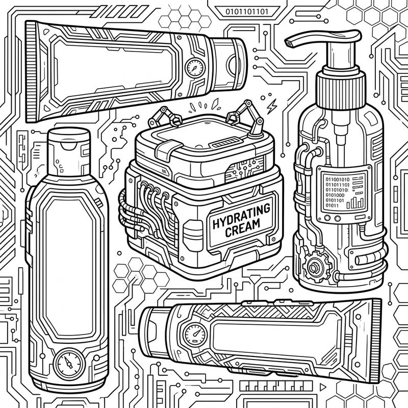 Step into a futuristic world where skincare meets technology with this unique cyberpunk coloring page. Embellished with intricate details and high-tech elements, these moisturizer illustrations offer an exciting coloring challenge.
