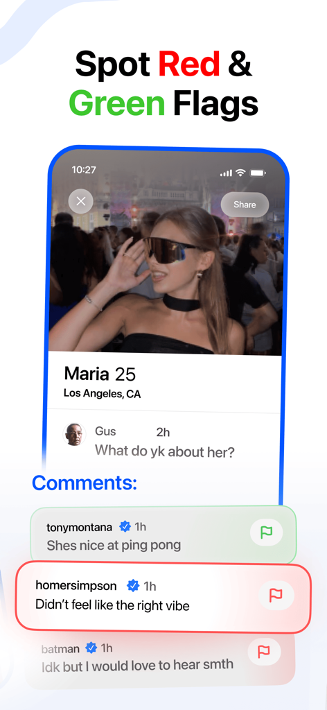 Screenshot dell'app Overheard che mostra commenti della community con segnali di pericolo e segnali positivi su un profilo di appuntamenti.