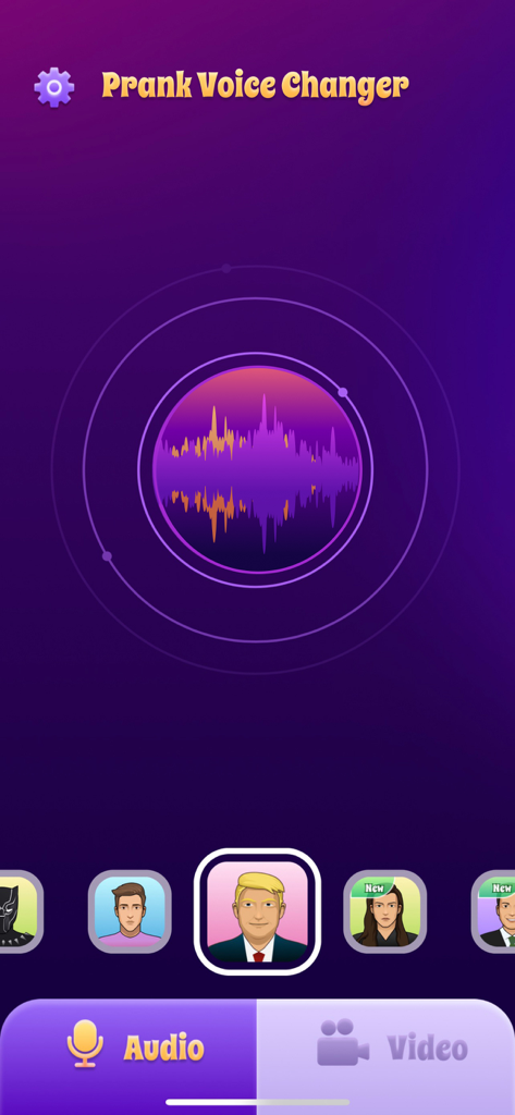 Prank Voice Changer - A screen from the Prank Voice Changer app showing an audio waveform and different character icons for voice modification.