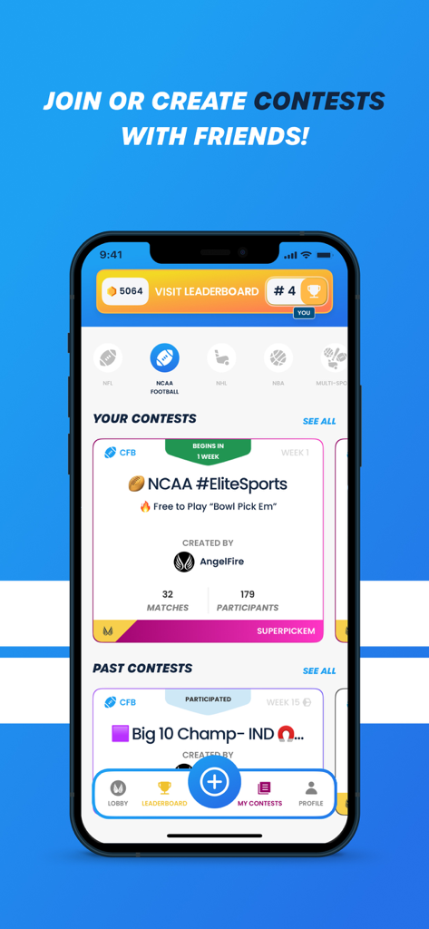 AngelFire Games app screen displaying NCAA football pick em contests and user social ranking.