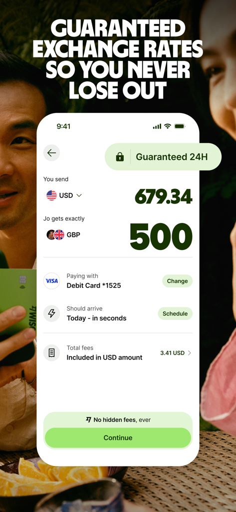 Wise app interface showing a guaranteed exchange rate for a money transfer from USD to GBP with transparent fees.