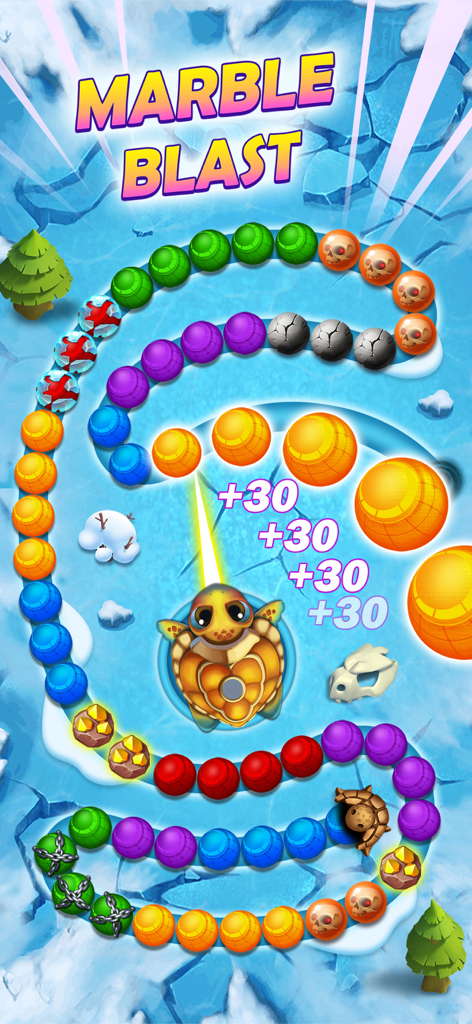 Marble Blast 3D - Marble Blast 3D-Puzzle-Spielbildschirm mit einem Schildkröten-Shooter und bunten Murmeln in einer eisigen Winterkarte.