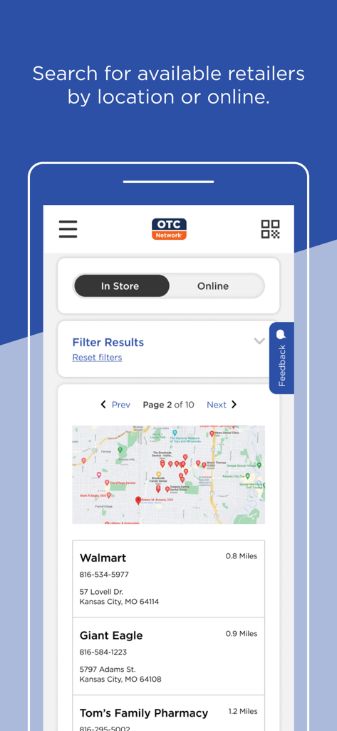 OTC Network app interface displaying a map and list of nearby participating retailers like Walmart and Giant Eagle
