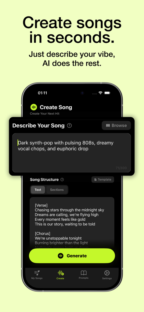 AI Song Generator mobile interface showing music prompt and custom lyrics fields