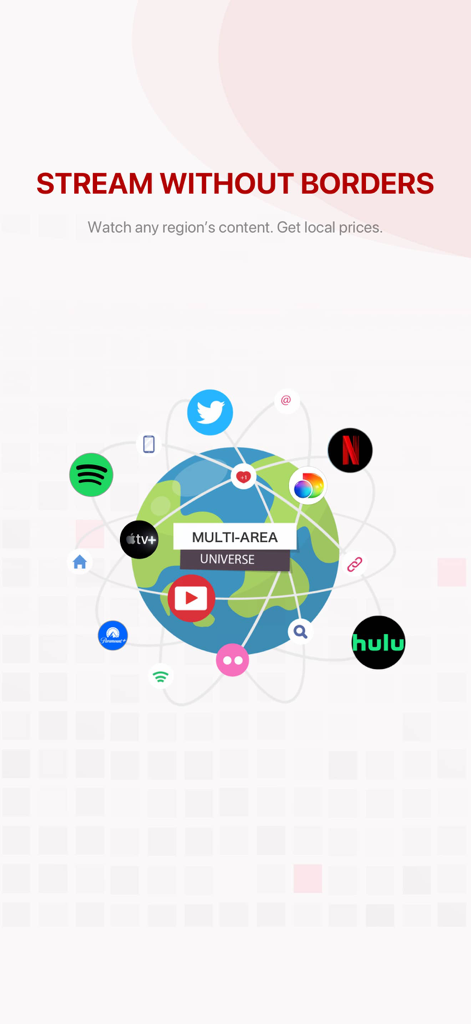 Globo terráqueo global rodeado de iconos de aplicaciones de streaming que ilustran el acceso a contenido de todo el mundo