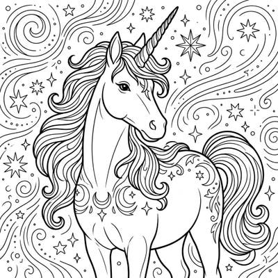 Discover the magic with this intricate Golden Unicorn coloring page, specially designed for teens who love mythical creatures. This detailed template features a majestic unicorn surrounded by celestial patterns, perfect for a relaxing and creative escape.