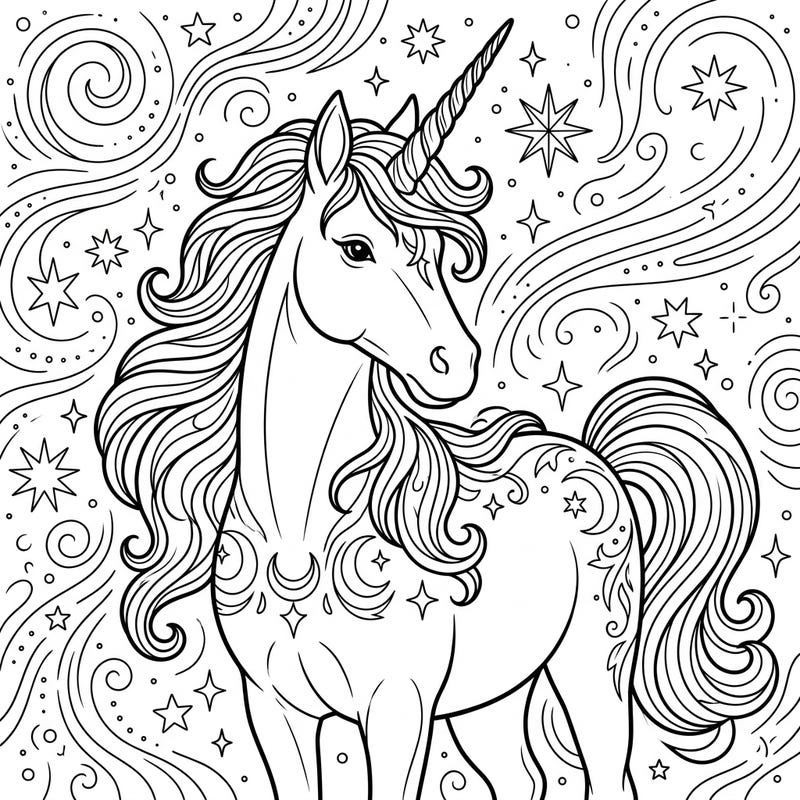 Discover the magic with this intricate Golden Unicorn coloring page, specially designed for teens who love mythical creatures. This detailed template features a majestic unicorn surrounded by celestial patterns, perfect for a relaxing and creative escape.