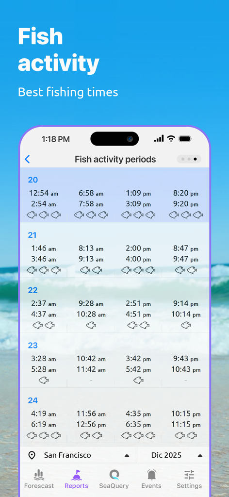 Nautide: Tides, Wind, Waves + - Nautide app showing daily fish activity periods and best fishing times