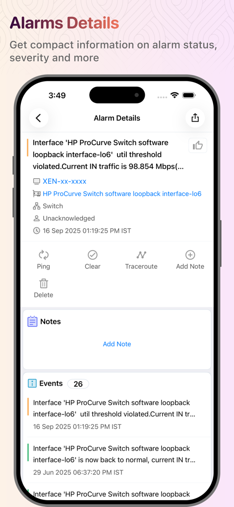 Schermata dei dettagli dell'allarme di rete dell'app OpManager e azioni di risoluzione dei problemi