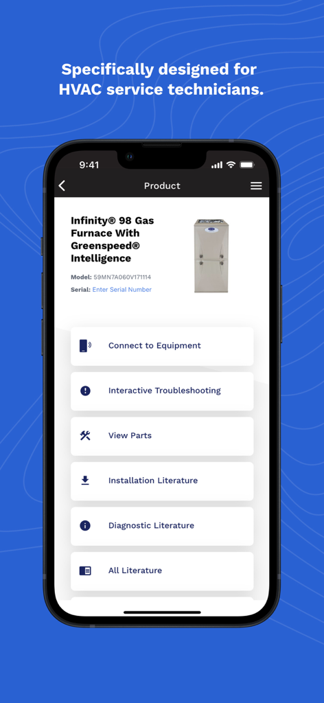 Carrier® Service Technician - Carrier Service Technician app interface for furnace troubleshooting and parts identification