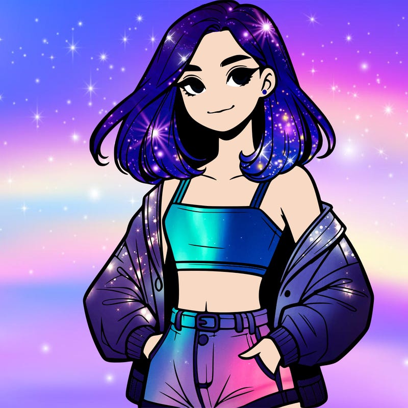 a realistic girl with a crop top and short shorts in an open jacket