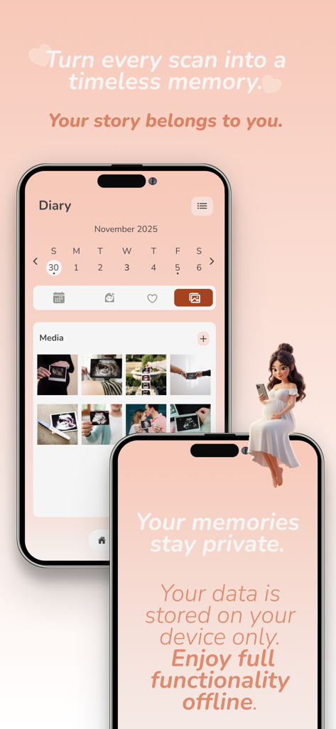 Pregnancy Tracker: Mama - A mobile app interface for tracking pregnancy memories with a private media gallery and offline data security